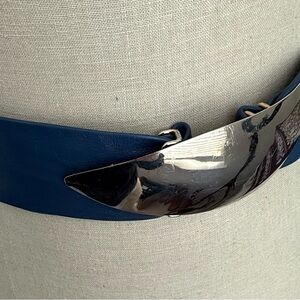 Blue Leather Belt with Gold Accent Buckle